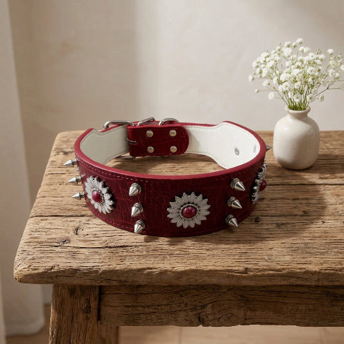collier a pointes pour chien rouge table