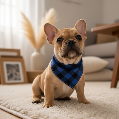 Collier Bandana bleu petit chien assis sur le tapis 