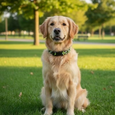 Collier chien premium réglable chien assis sur un parc