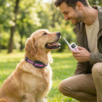collier connecte chien sans abonnement educationcanin maitre lui sourit télécommande en main