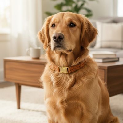 collier fluorescent chien assis au salon FH KAFEIDOU