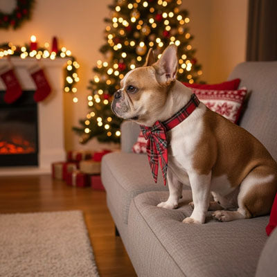 collier fluorescent chien assis sur le sofa