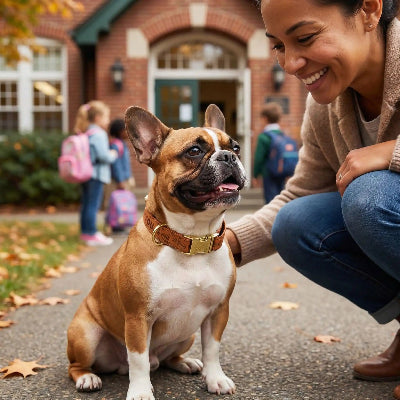 collier fluorescent chien avec son maitre devant une ecole