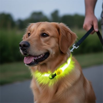  Collier fluorescent chien avec son maitre en arriere