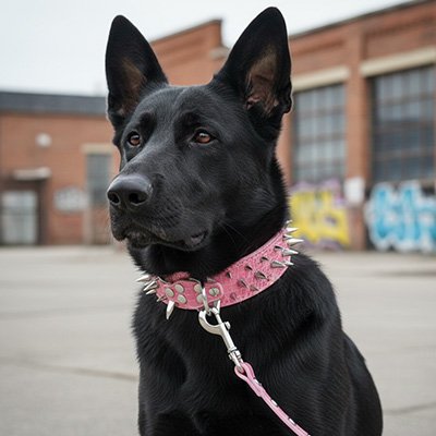 Collier Fluorescent Chien devant un immeuble 