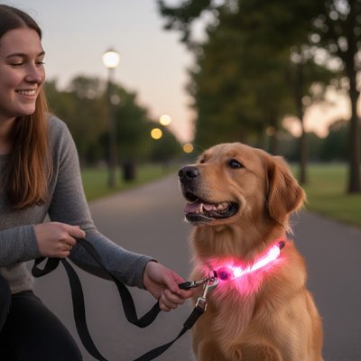  Collier fluorescent chien rose maitre a cote lui sourit