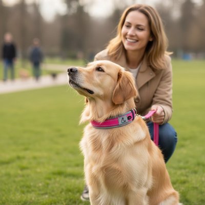 collier pour chien bien être et confort avec son maitre sur terrain