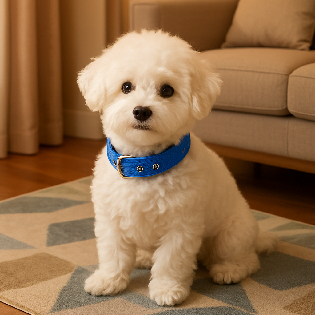 collier pour chien bleu salon assis