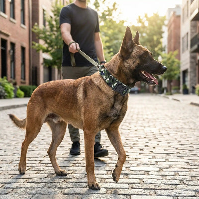 collier pour chien militaire forcecanine marche dans la rue a cote de son maitre