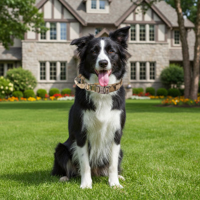 collier pour chien militaire poignée   securitaire chien assis devant une belle maison