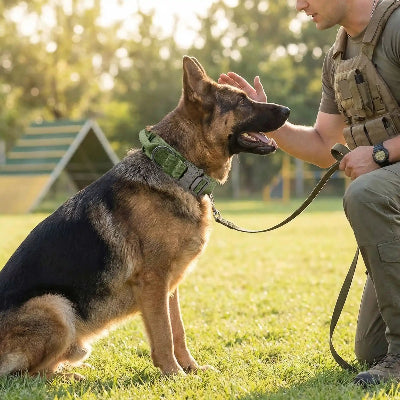 collier pour chien militaire tacticque renforcé chien assis devant son maitre