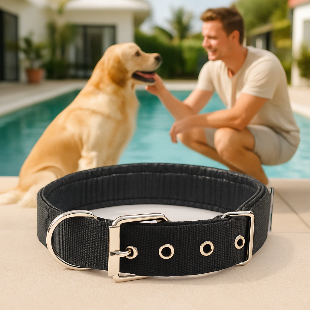 collier pour chien noir cote piscine