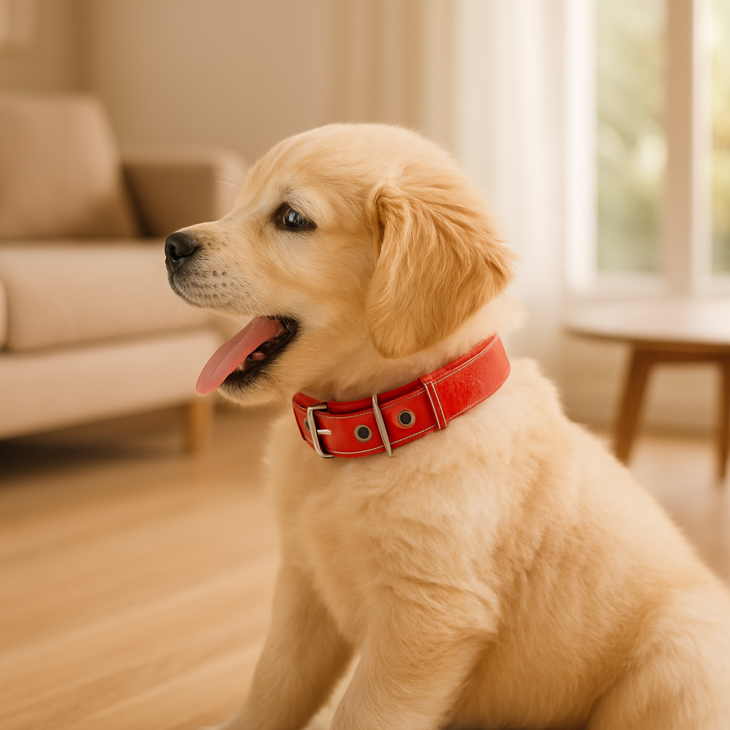 collier pour chien rouge assis salon