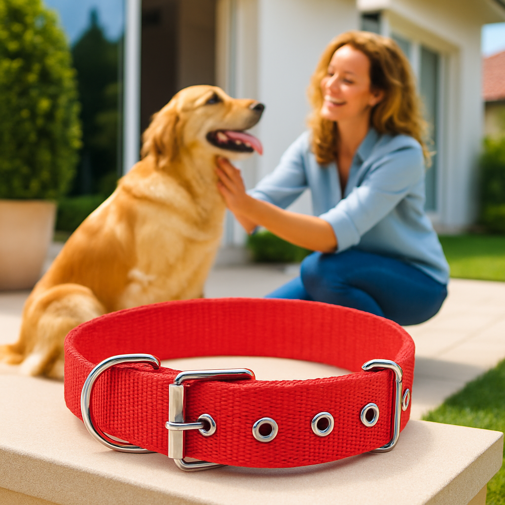 collier pour chien rouge devant table