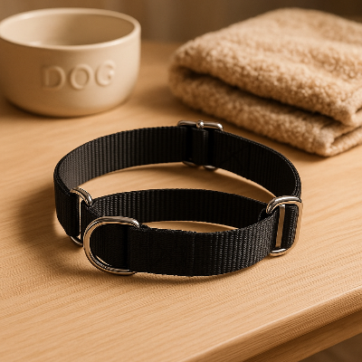 colliers pour chien noir sur une table couverture plat