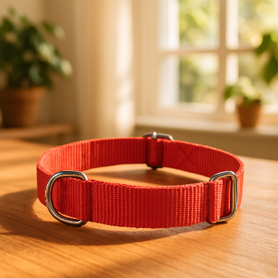 colliers pour chien rouge sur table a cote la fenetre