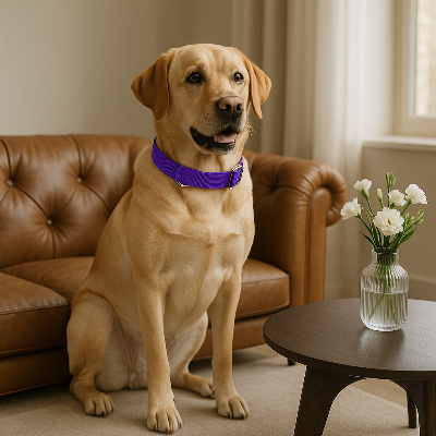 colliers pour chien violet assis entre sofa table salon