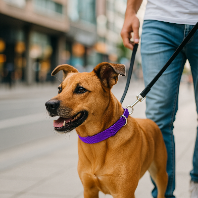 colliers pour chien violet marche avec son maitre dans rue