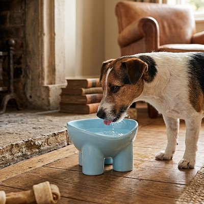 Gamelle chien bleu sofa