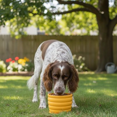 Gamelle chien design éclatante jaune chien mange sous arbre