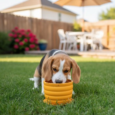 Gamelle chien design éclatante jaune chien sur la pelouse