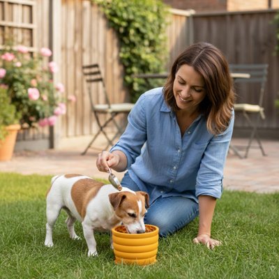 Gamelle chien jaune petit chien mange sur la pelouse design éclatante maître a côté 