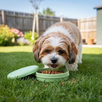 Gamelle chien durable chien mange sur le gazon dans une cour