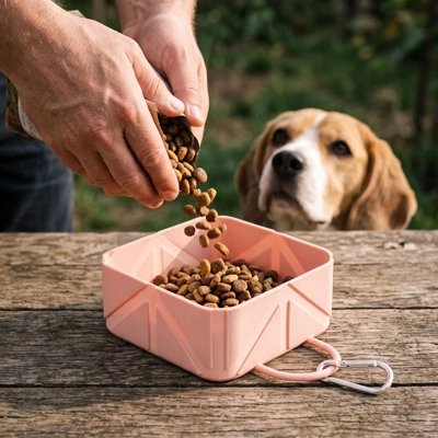 Gamelle chien maître ajoute la nourriture 