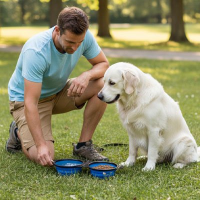 Gamelle Chien souple et résistant bleu maître et chien dans un parc