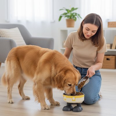 Gamelle chien surélevée confort digestion maître à côté de son chien