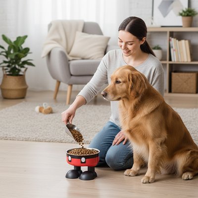 Gamelle chien surélevée confort digestion chien assis devant sa nourriture maître à côté 