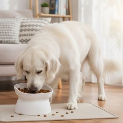Gamelle chien surélevée confort postural blanc chien qui mange 
