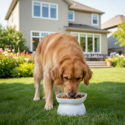 Gamelle chien surélevée confort postural blanc dans une cour 