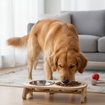 Gamelle chien surélevée en bois chien mange au salon