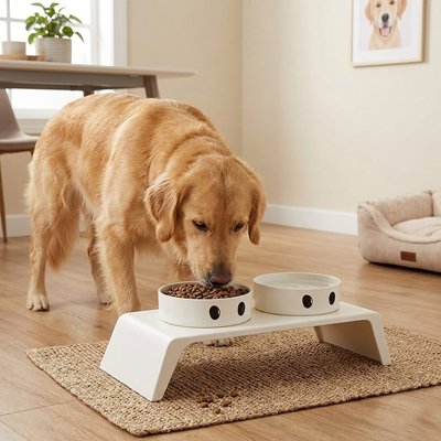 Gamelle chien surélevée réglable en hauteur bols blanc gros chien mange sur un tapis