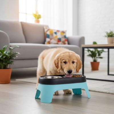 Gamelle chien surélevée super résistante bleu au salon