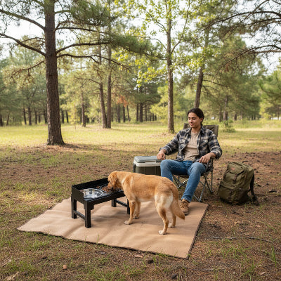 Gamelle chien surélevée sur un terrain camping avec son maître 