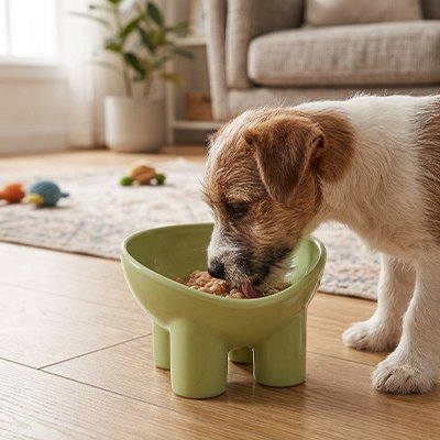 Gamelle chien vert chien mange au salon