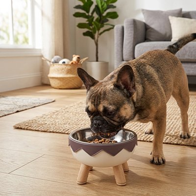 Gamelle surélevée chien sécuritaire et confort gris petit chien mange