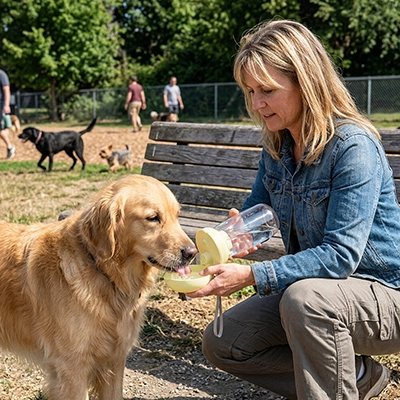 Gourde pour Chien jaune maître à côté un banc au parc