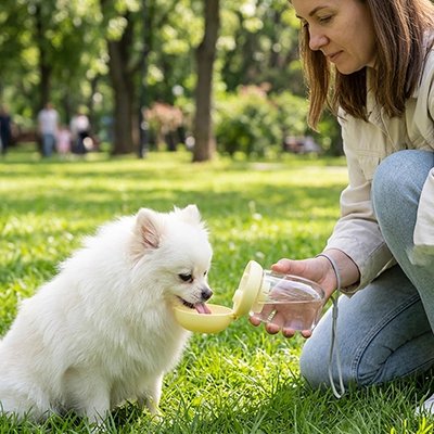 Gourde pour Chien jaune maître se mettre à genoux sur la pelouse