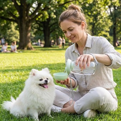 Gourde pour Chien maître au parc chien assis