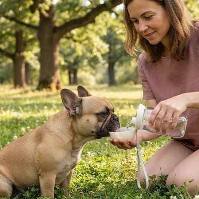 Gourde pour Chien maître lui donne à boire et lui sourit