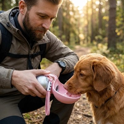 Gourde pour Chien rose maître donne a boire son chien dans la forêt 
