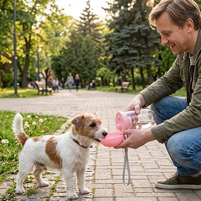 Gourde pour Chien rose petit chien maître lui sourit