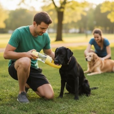 Gourde pour chien voyage serein jaune chien assis à côté son maître 