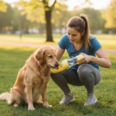 Gourde pour chien voyage serein jaune devant maître au parc