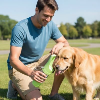 Gourde pour chien voyage serein vert maître lui sourit