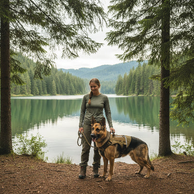 harnais anti traction khaki avec son maitre a cote lac