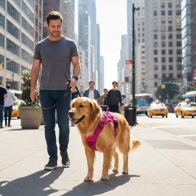 harnais anti traction rose rouge au centre ville avec maitre